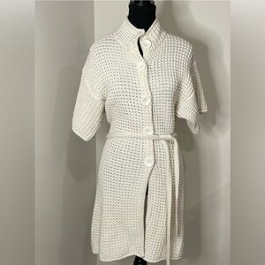 Style& Co Ivory Collared Chunky Knit  belted short sleeve long sweater.